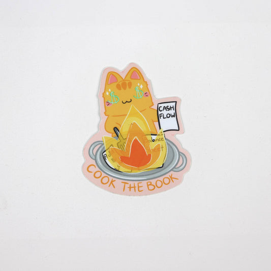 A sticker depicting a cartoon cat burning financial documents and the text 'CASH FLOW' and 'COOK THE BOOK' on it.