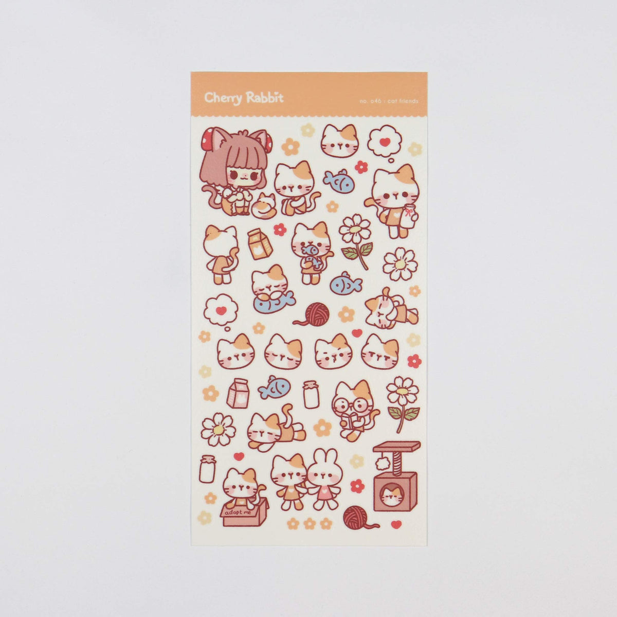 Sticker sheet of cats doing different things and a girl character
