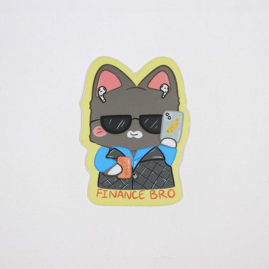 A sticker depicting a grey cat with a finance bro label, wearing airpods, sunglasses and holding a cup.