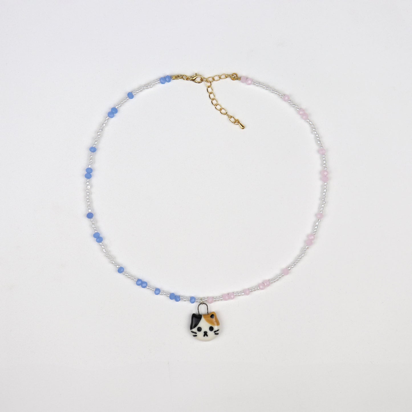 Handmade Beaded Necklace - Blue and Pink with Calico Cat Pendant