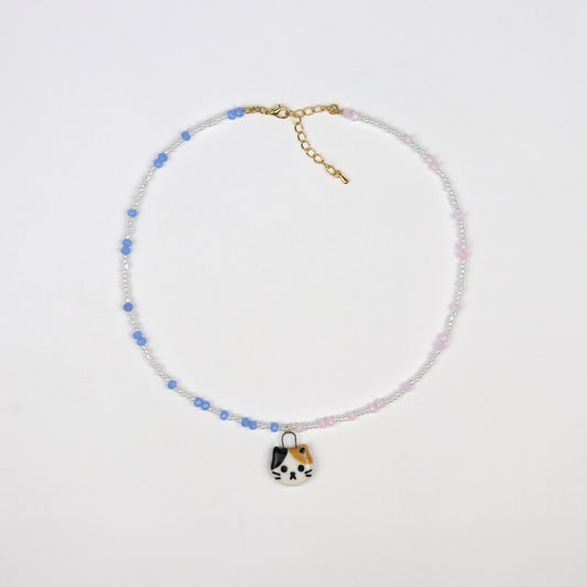 Handmade Beaded Necklace - Blue and Pink with Calico Cat Pendant
