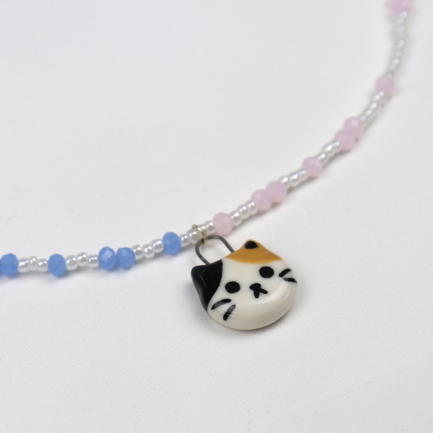 Handmade Beaded Necklace - Blue and Pink with Calico Cat Pendant