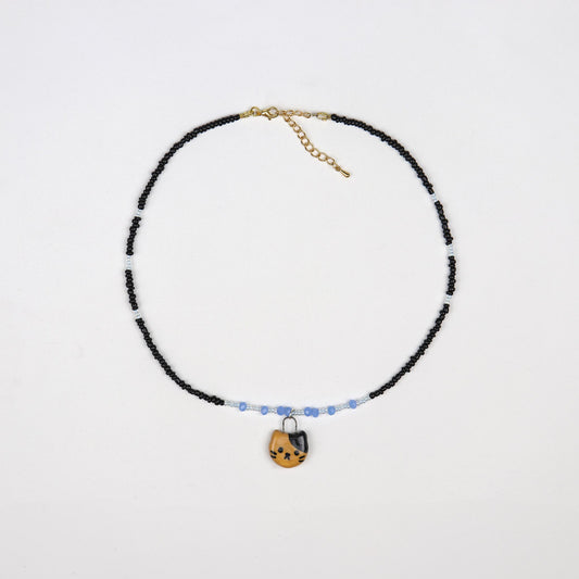 Handmade Beaded Necklace - Blue and Black with Cat Pendant
