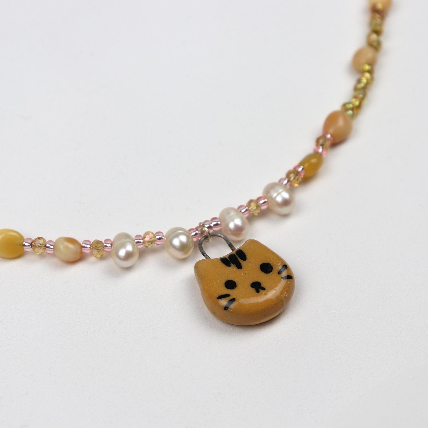 Handmade Beaded Necklace - Gold & Peach with Ginger Cat Pendant