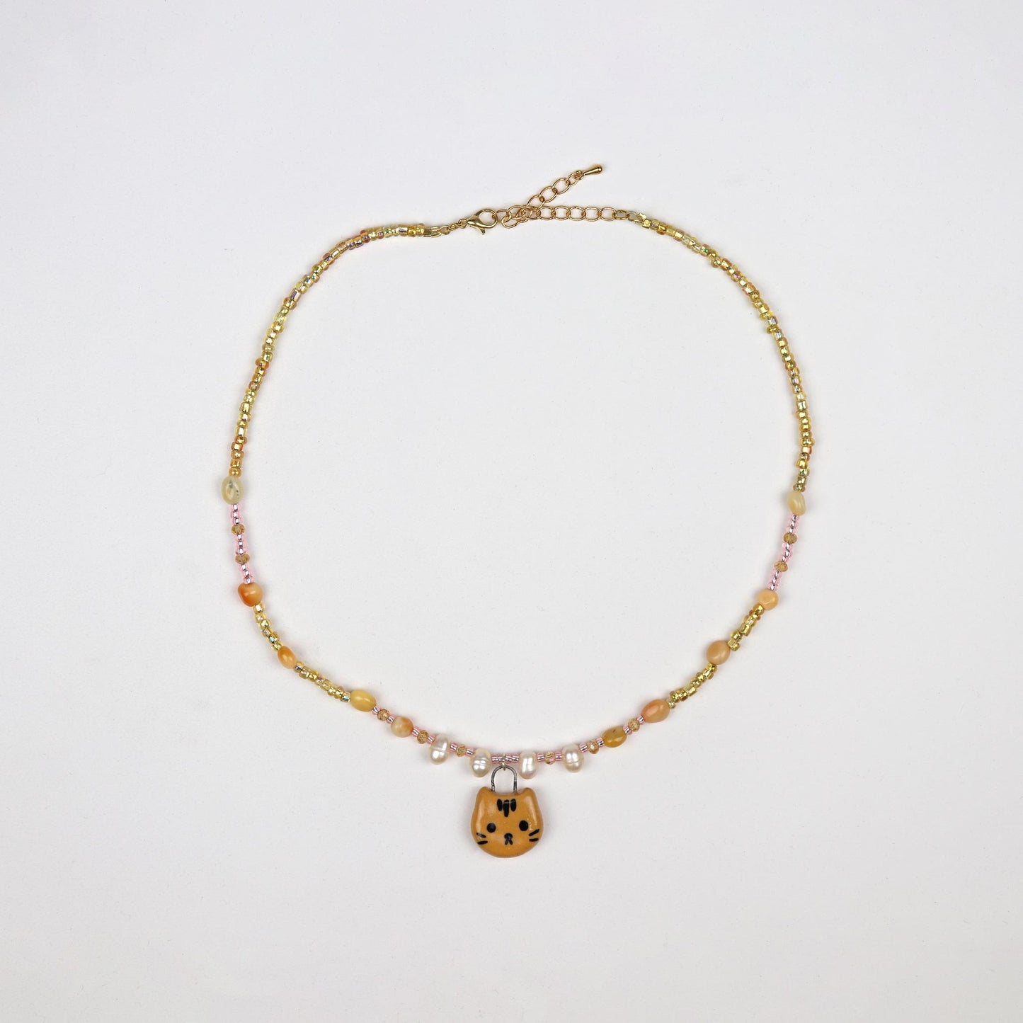 Handmade Beaded Necklace - Gold & Peach with Ginger Cat Pendant