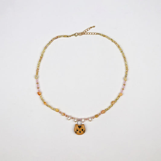 Handmade Beaded Necklace - Gold & Peach with Ginger Cat Pendant