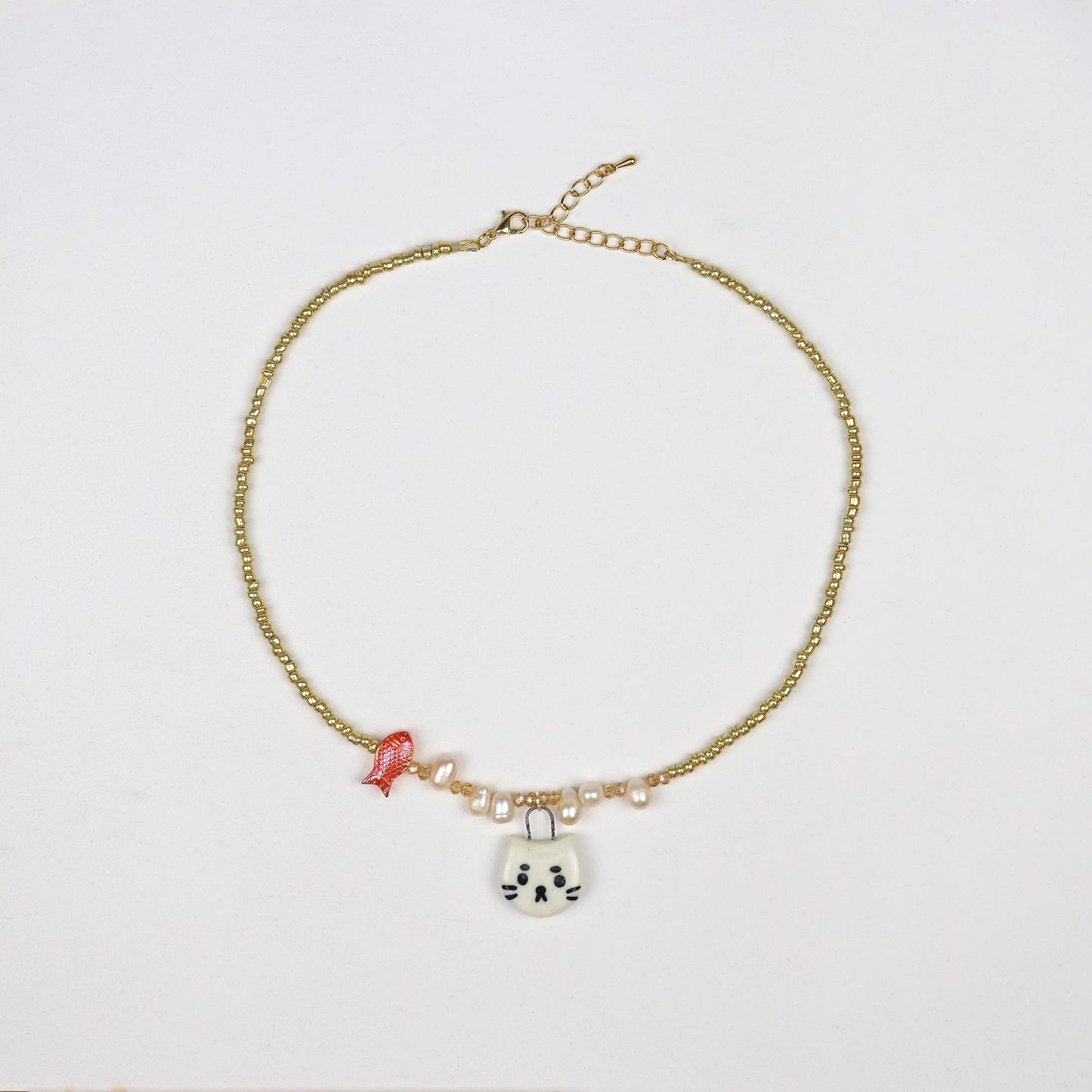 Handmade Beaded Necklace - Gold with White Cat Pendant