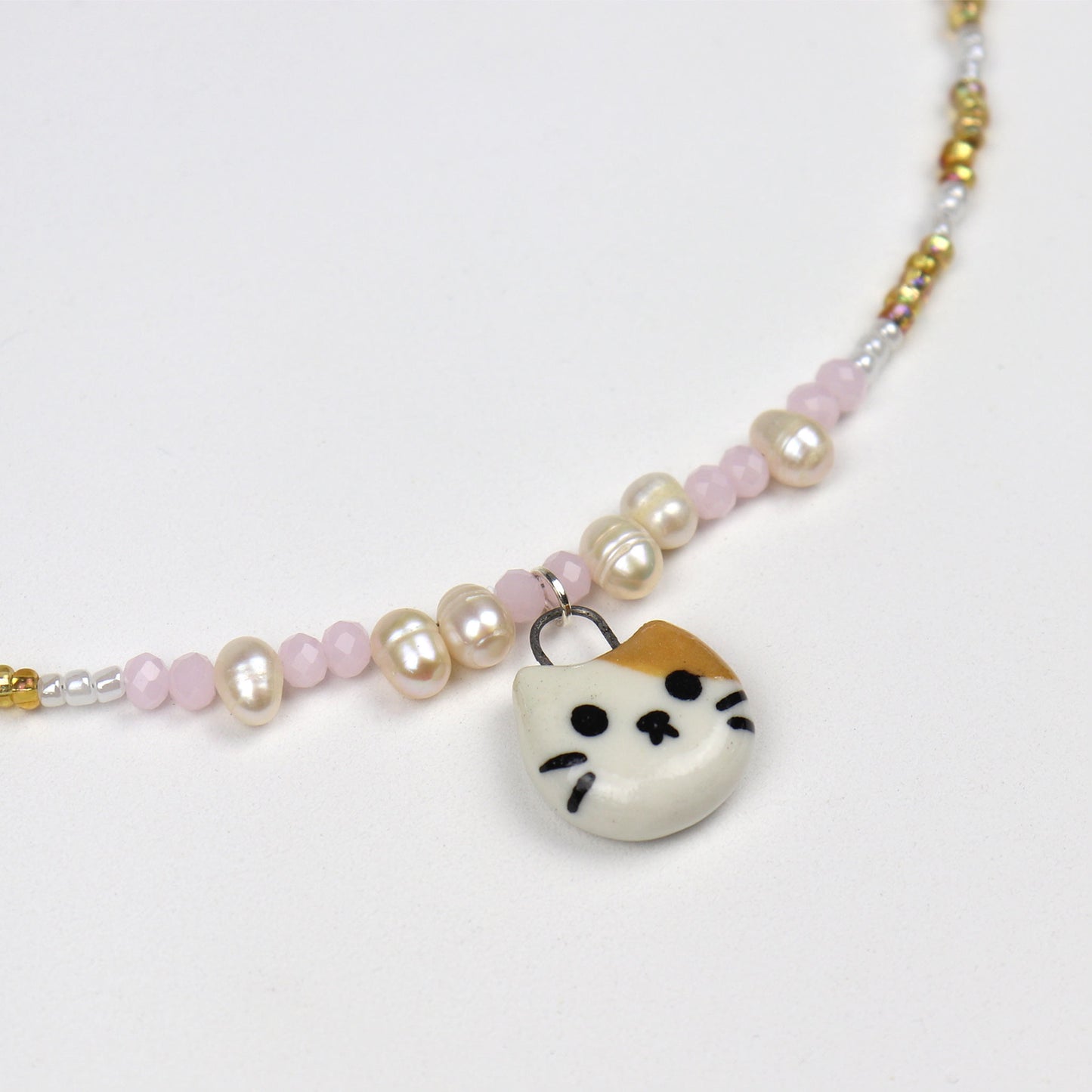 Handmade Beaded Necklace - Gold and White with Cat Pendant