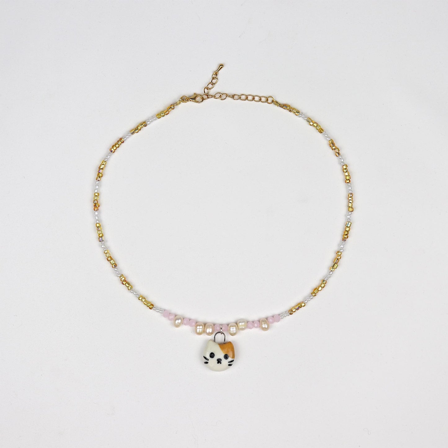 Handmade Beaded Necklace - Gold and White with Cat Pendant