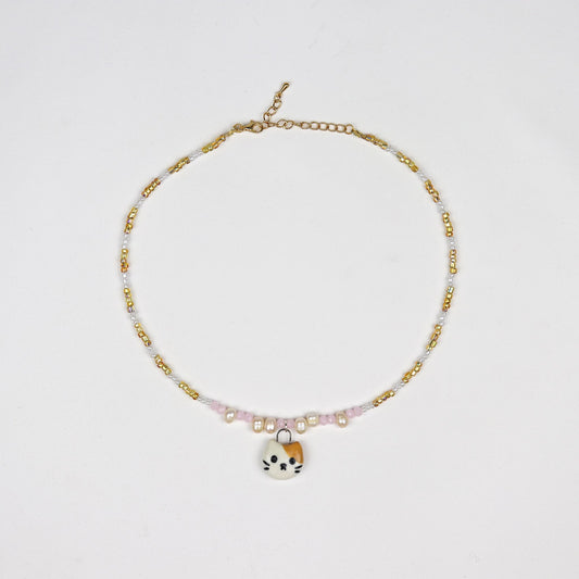 Handmade Beaded Necklace - Gold and White with Cat Pendant