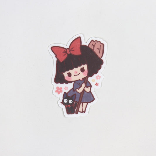 Fan art sticker of Studio Ghibli’s Kiki and her black cat Jiji in a cute style. Die cut, matte, waterproof, approx. 5cm x 7cm.