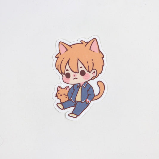 Matte waterproof sticker of Kyo Sohma from Fruits Basket as an orange cat with a red bracelet. Die cut, approx. 5cm x 7cm.