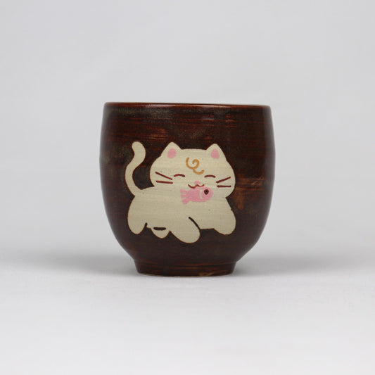 Cat Latte Mug - Brown with Cat and Fish