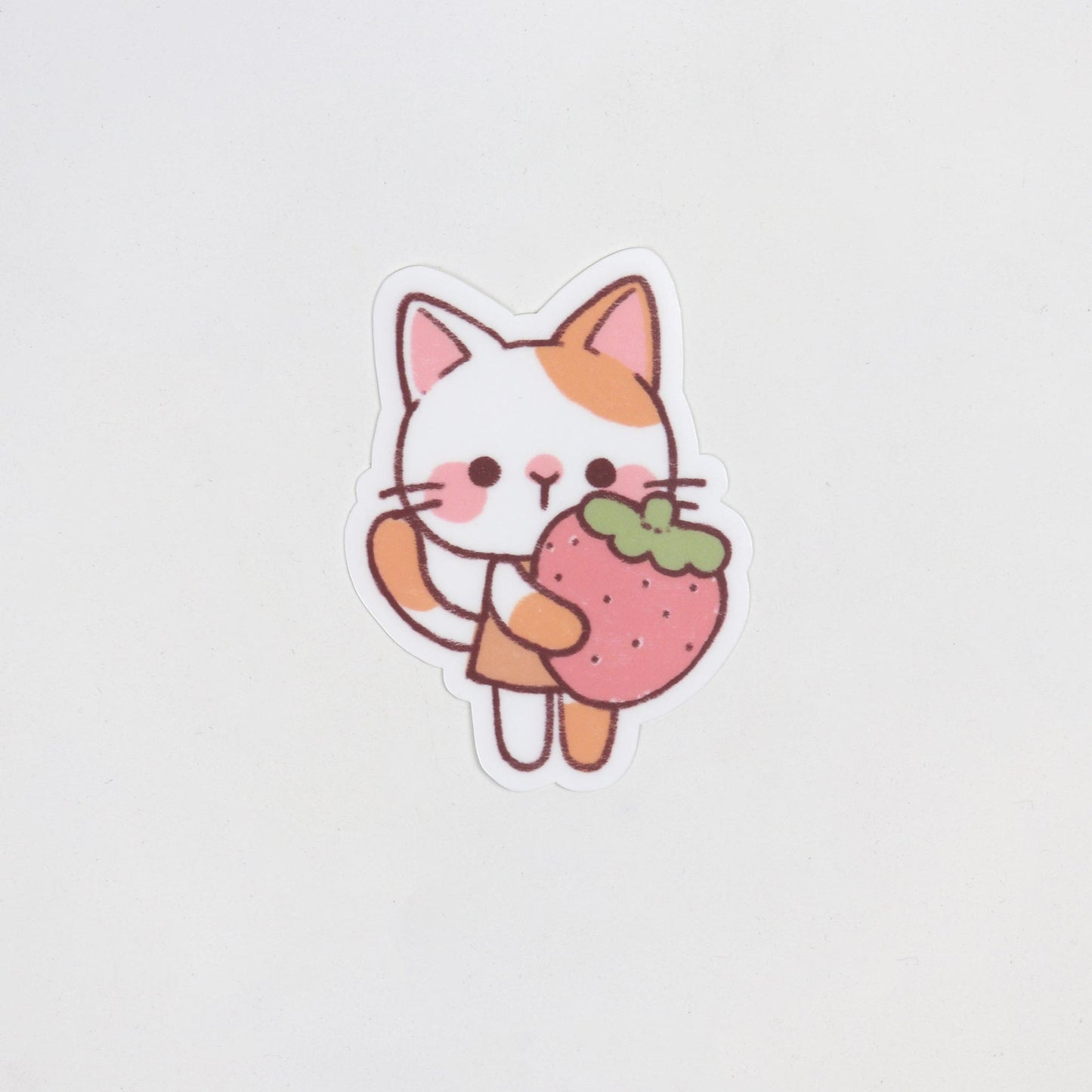 Matte waterproof sticker of a ginger and white cat standing while hugging a giant red strawberry. Die cut, approx. 5cm x 7cm.