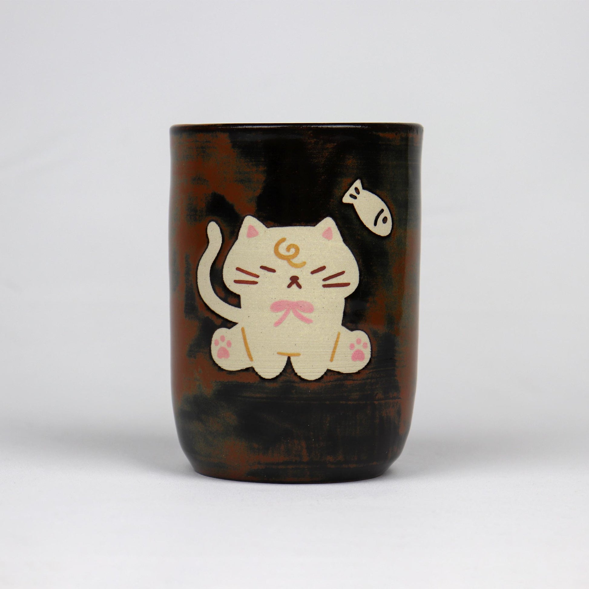 Brown tall latte mug with print of cat sitting
