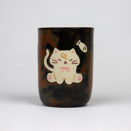 Brown tall latte mug with print of cat sitting