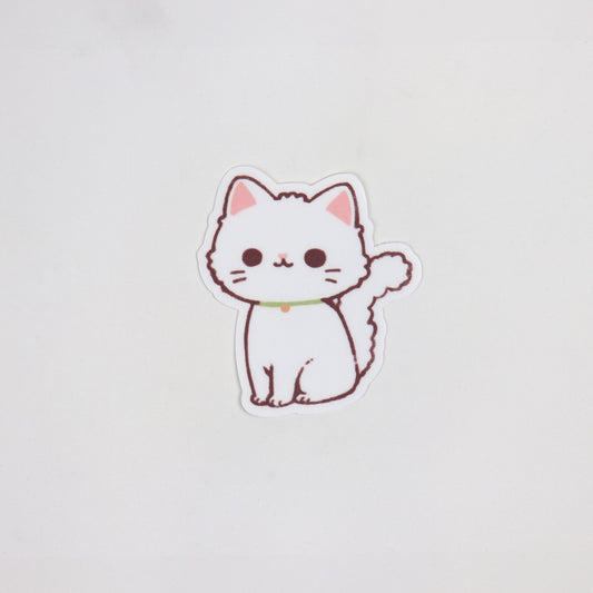 Matte die-cut waterproof sticker of a fluffy white cartoon cat with pink ears and a green collar