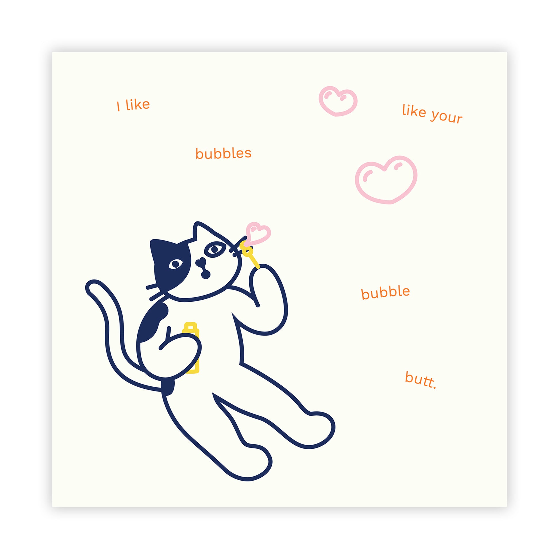 Cat Blowing Heart Bubbles Greeting Card Front