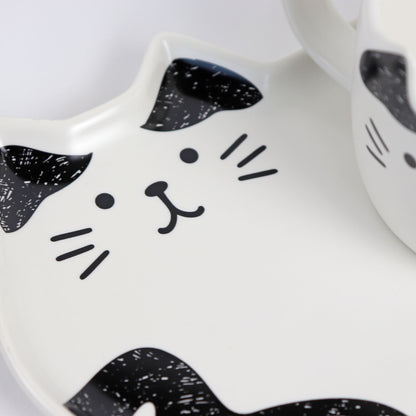 close up of black and white cat saucer