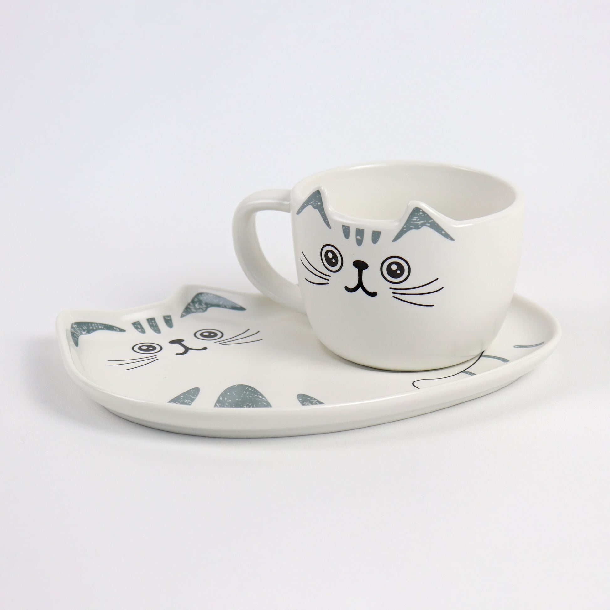 light grey and white cat cup and saucer set