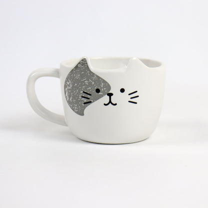 ceramic grey and white cat cup with dot eyes