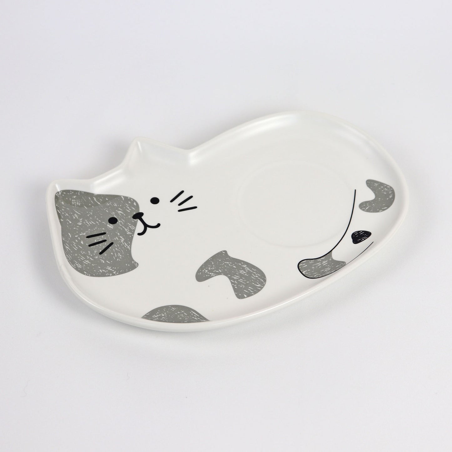 grey and white cat saucer