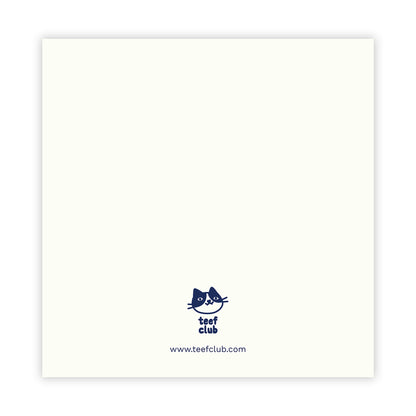 back of teef club greeting card with logo and website