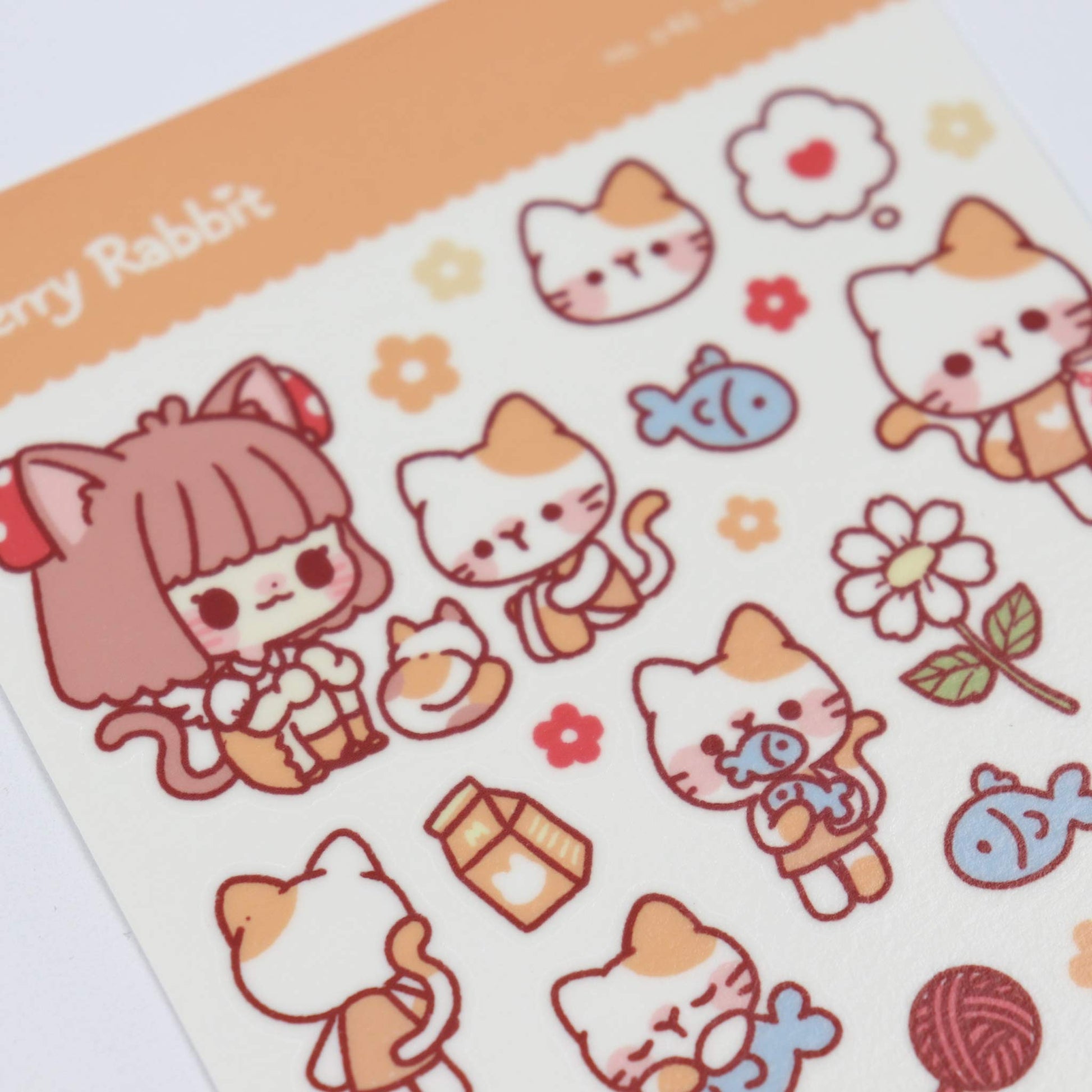 Sheet of cute cartoon cat-themed stickers with a girl character on a white background.