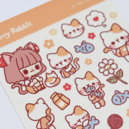 Sheet of cute cartoon cat-themed stickers with a girl character on a white background.