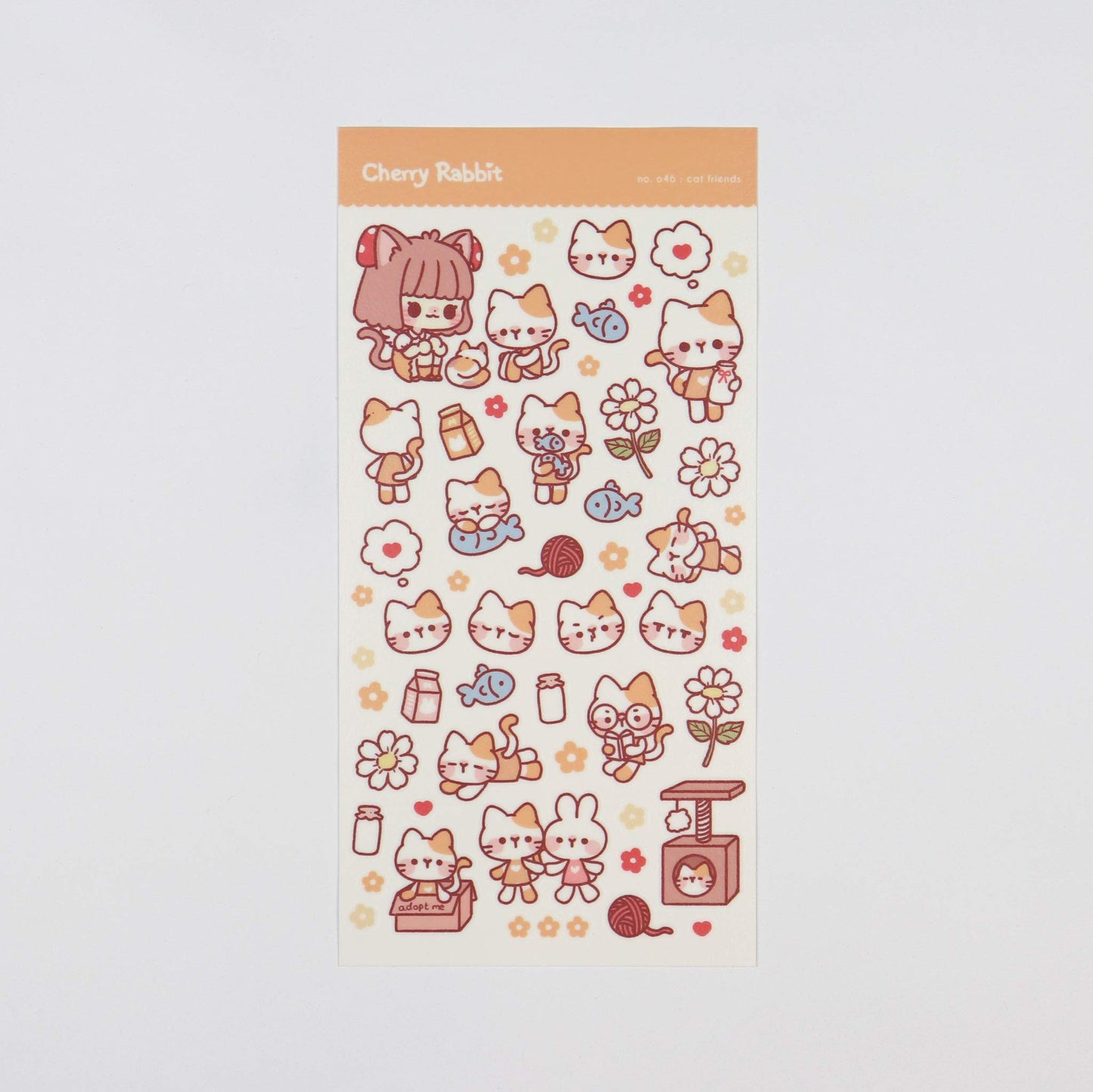 Sticker sheet of cats doing different things and a girl character 