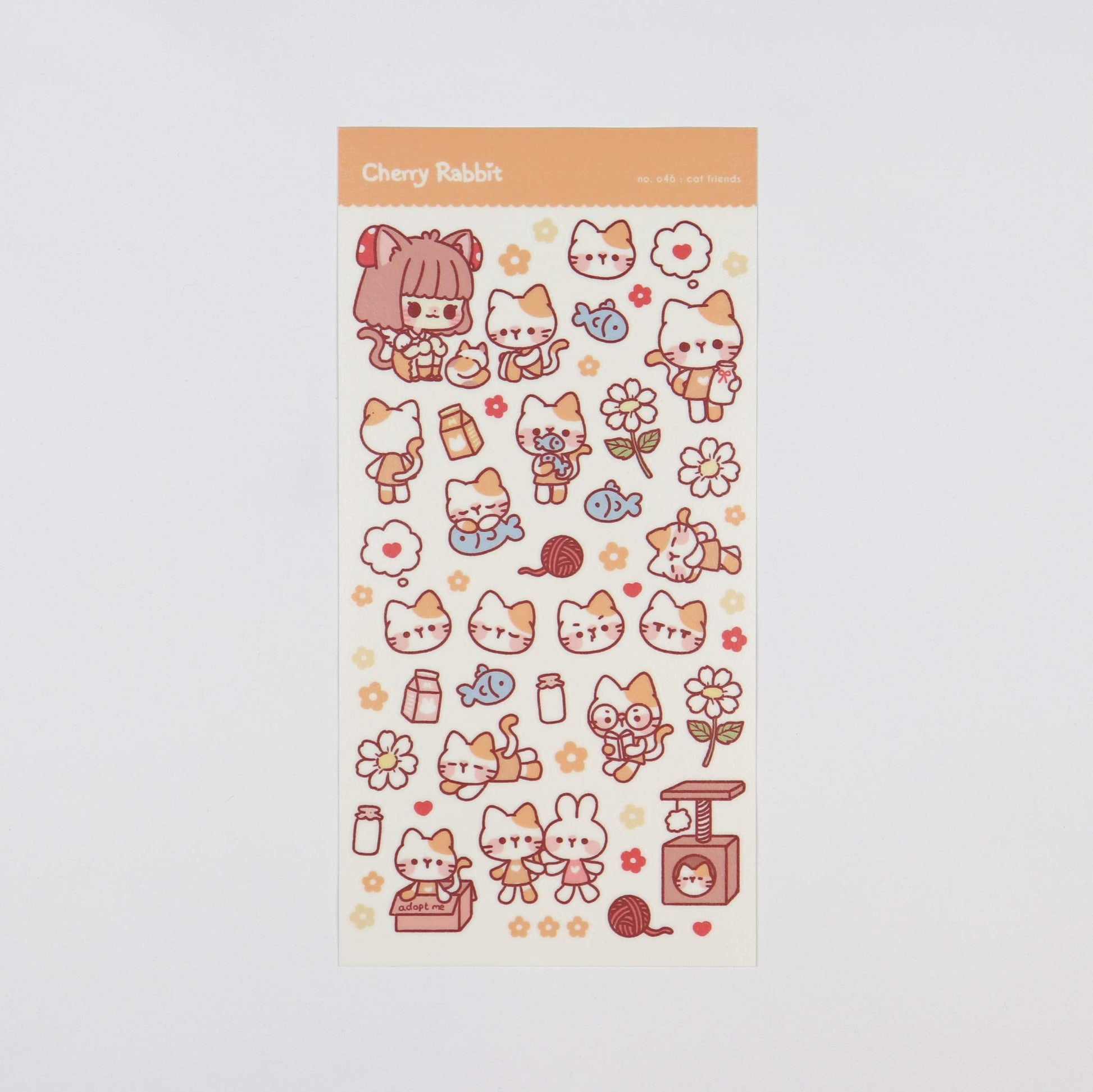 Sticker sheet of cats doing different things and a girl character 