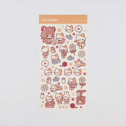 Sticker sheet of cats doing different things and a girl character 