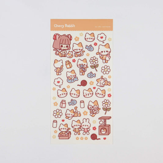 Sticker sheet of cats doing different things and a girl character 