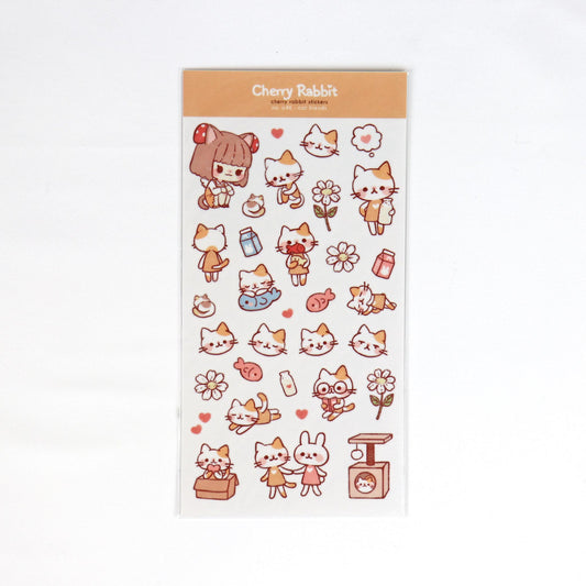 Sticker sheet of cats doing different things and a girl character