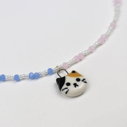 Handmade Beaded Necklace - Blue and Pink with Calico Cat Pendant