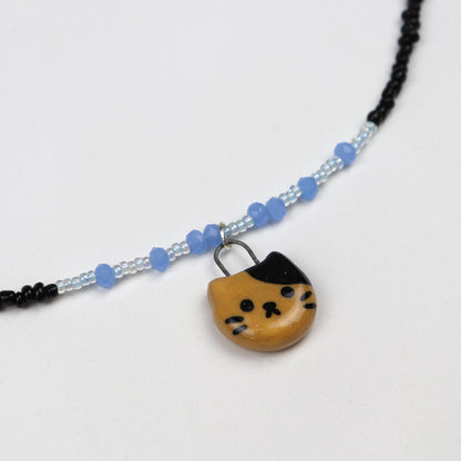 Handmade Beaded Necklace - Blue and Black with Cat Pendant