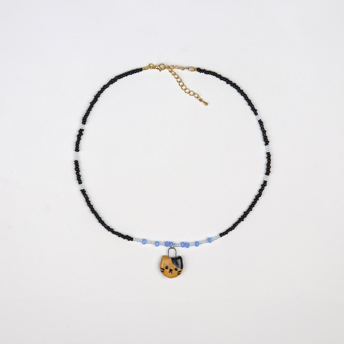 Handmade Beaded Necklace - Blue and Black with Cat Pendant