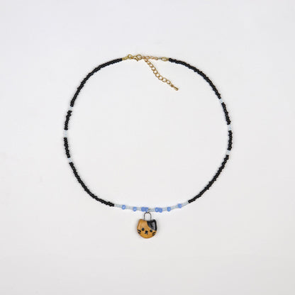 Handmade Beaded Necklace - Blue and Black with Cat Pendant