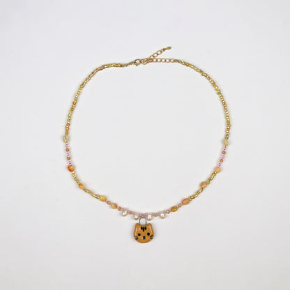 Handmade Beaded Necklace - Gold & Peach with Ginger Cat Pendant