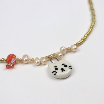 Handmade Beaded Necklace - Gold with White Cat Pendant