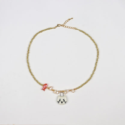Handmade Beaded Necklace - Gold with White Cat Pendant