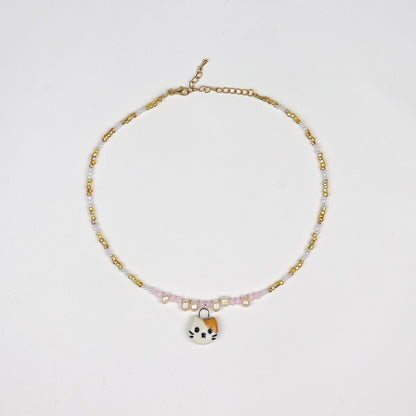Handmade Beaded Necklace - Gold and White with Cat Pendant